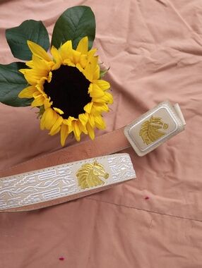 Embroidered Gold Unicorn White Leather Belt